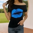 thumbnail image 2 of Women's Party Tops Off Shoulder Short Sleeve Stretch Knit Lip Print Shirt, 2 of 9
