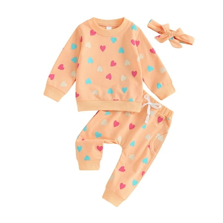 

Suealasg Toddler Baby Girls Valentine’s Day Outfits 6M 1T 2T 3T 4T Kids Girls Long Sleeve Heart Print Sweatshirt Sweatpants Headband Sets 3 Piece Casual Spring Tracksuit Clothing for Child Girls