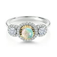 thumbnail image 2 of Gem Stone King 925 Silver and 10K Yellow Gold 3-Stone 3 Stone Women's Lab Grown Diamond Ring Cabochon Simulated Opal Moissanite (0.66 Cttw, Size 5), 2 of 3