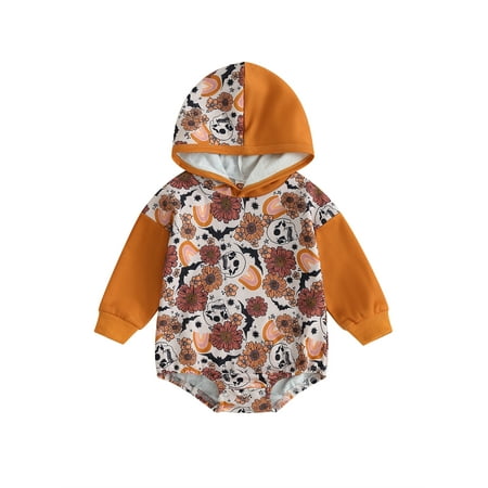 

Emmababy Halloween Bodysuit for Babies Long Sleeve Romper with Hood and Skull Flower Print
