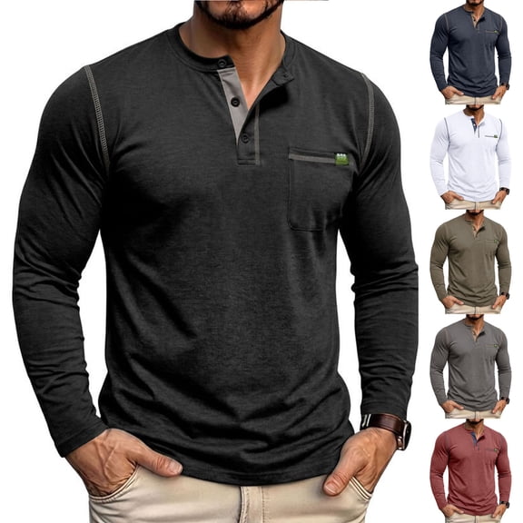 Long Sleeve Shirts for Men Round Neck Solid Color Button Down Casual Pullover Shirt with Pocket Lightweight Breathable Workout Blouse for Running