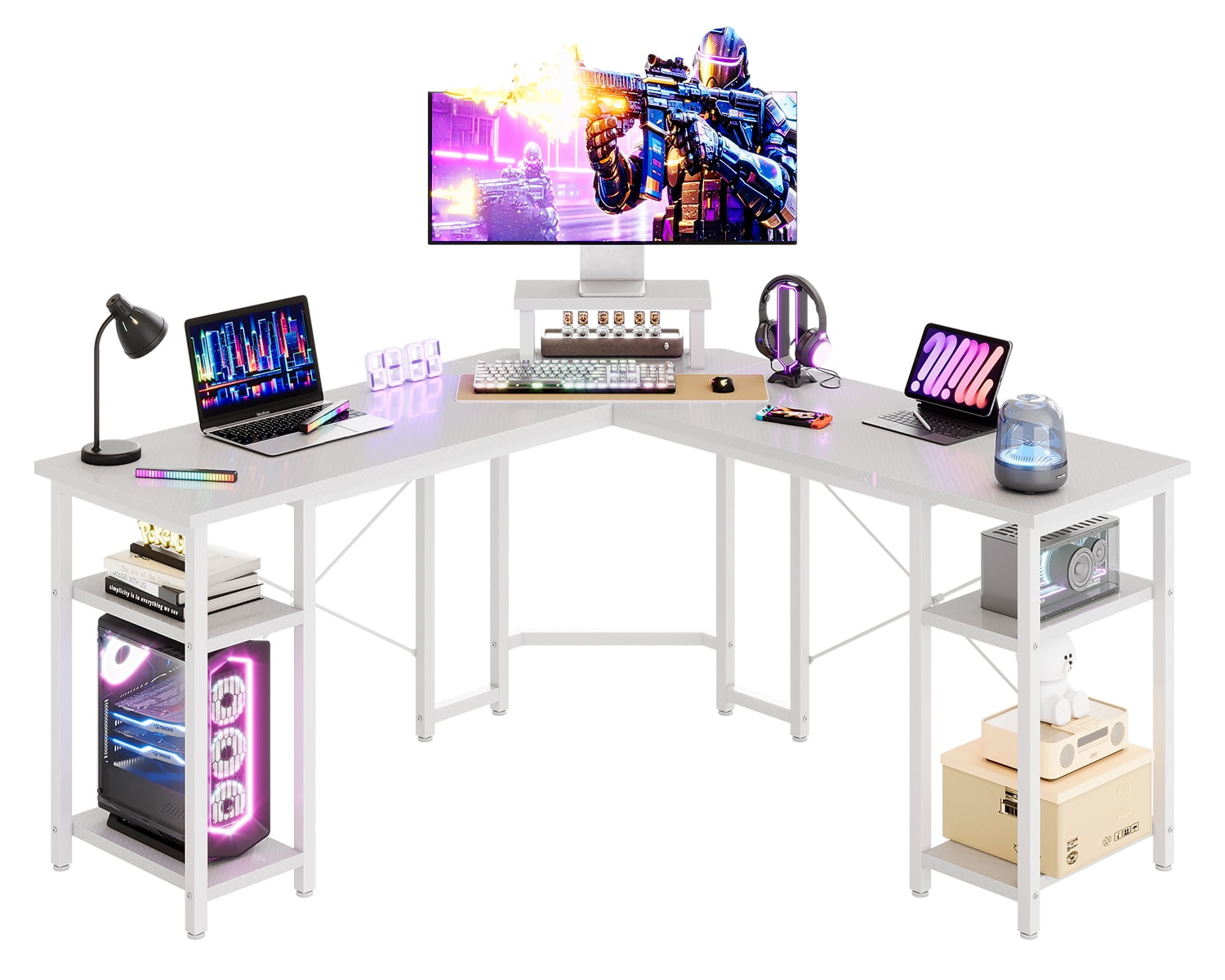 GUNAITO L Shaped Gaming Desk with CPU Stand, 61" Modern Corner Computer Desk,Reversible Office Desk 4-Tier Shelf,Carbon Fiber White