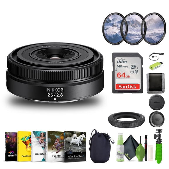 Nikon NIKKOR Z 26mm f/2.8 Wide Angle Prime Lens Bundle 64GB Card Tripod Filter Kit Software (International Model)