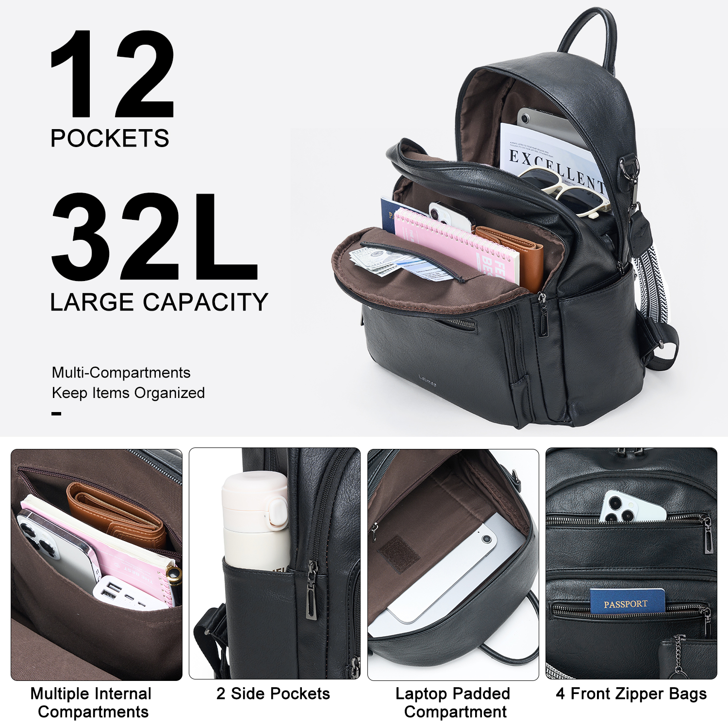 Backpack Purse for Women, Leather Vegan Ladies Fashion Designer Rucksack Convertible Travel Shoulder Bag Teacher College Daypack Work Handbag fits 14" Laptop-Black