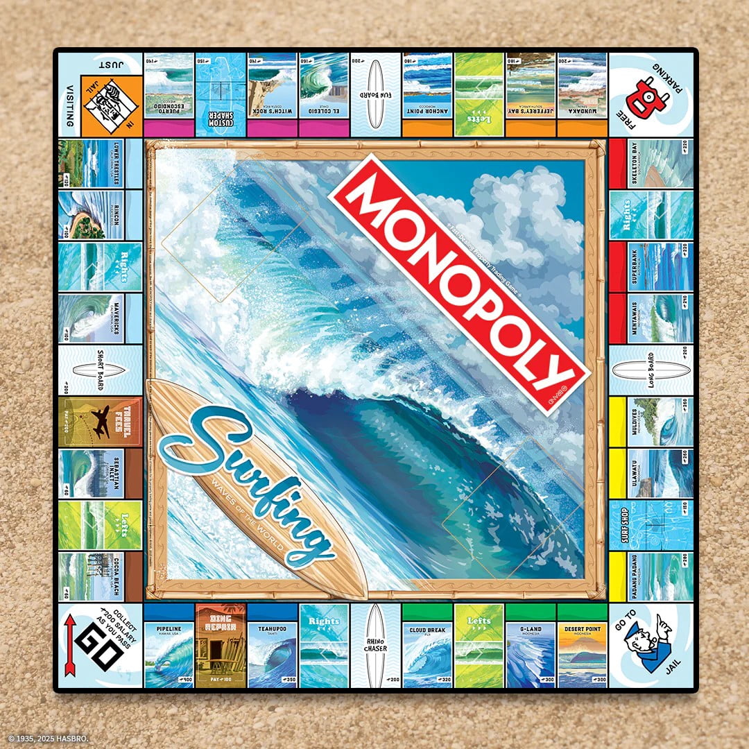 Monopoly: Surfing Waves of The World Board Game ? Buy, Sell, Trade Iconic Surf Spots Like Pipeline & Superbank, 6 Custom Beach-Themed Tokens, Family Game for Beach Sports Fans & Collectors, Ages 8+