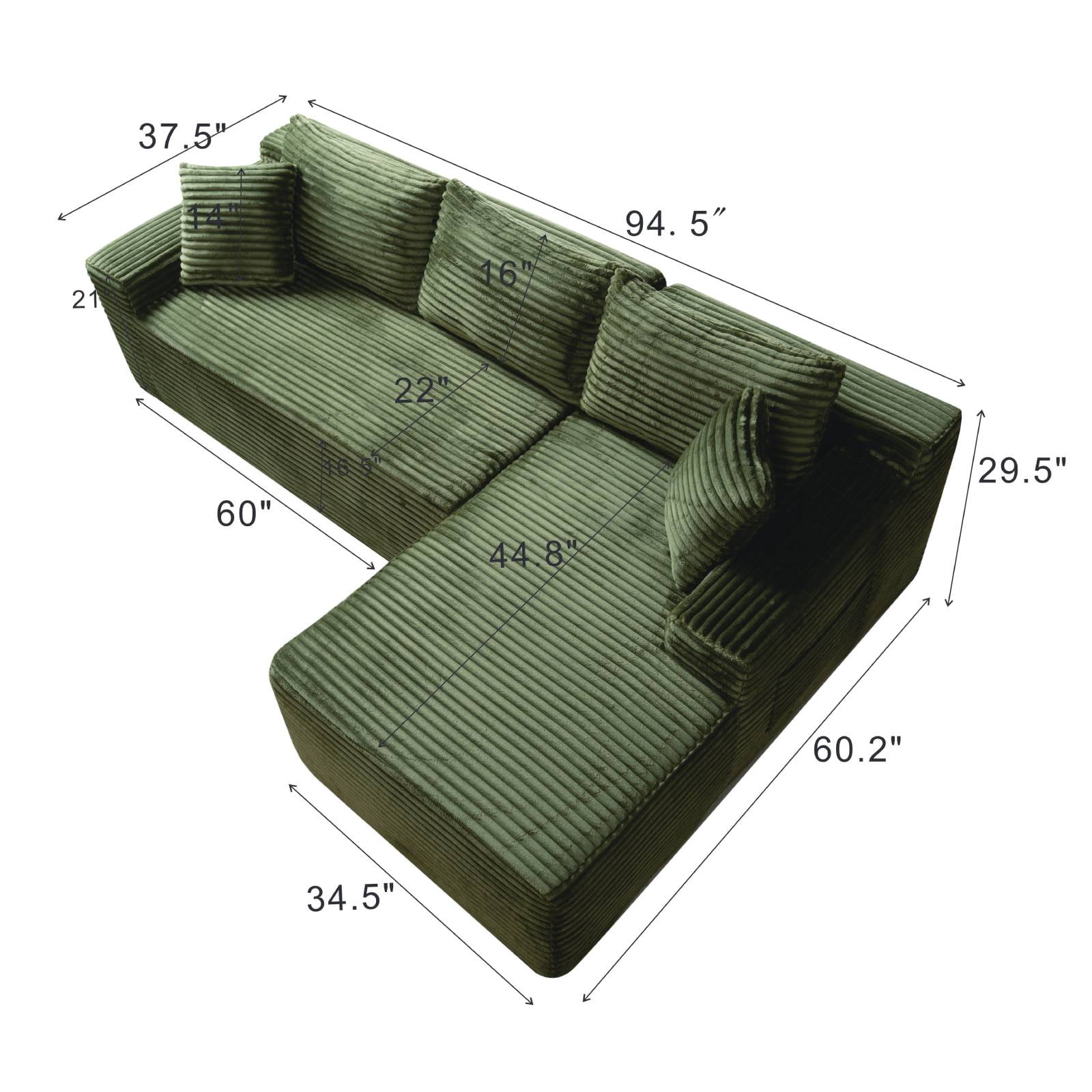L-Shape Cloud Couch Modular Sectional Sofa Corduroy Boneless Sofa Couch with Chaise, No Assembly Sofa for Living Room, Green