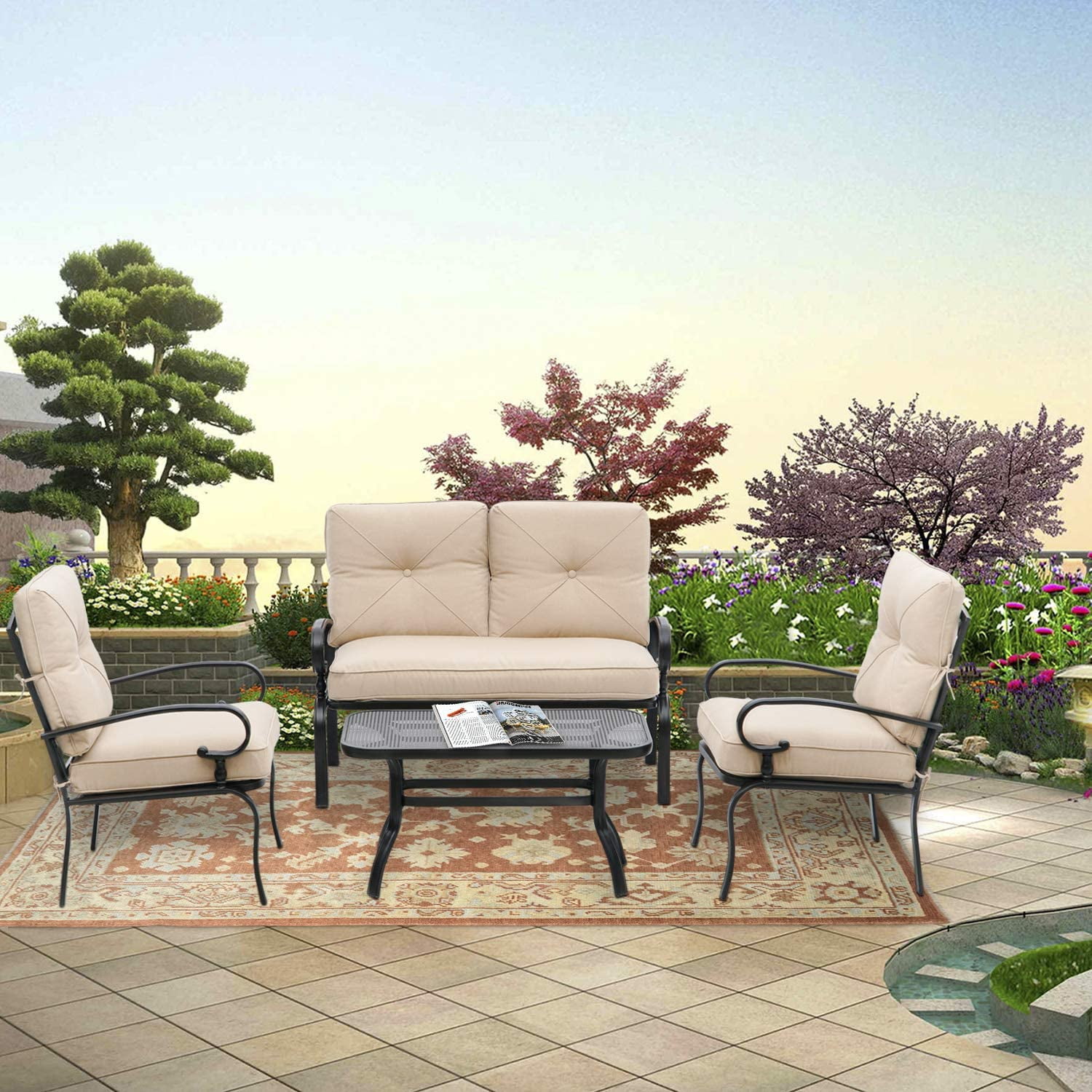 SOLAURA 4-Piece Outdoor Furniture Patio Conversation Set with Metal Table and Seating Cushions for Garden, Deck, Balcony, Pool, Porch, Lawn (Brown)