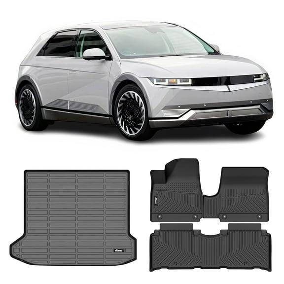 Ikon Motorsports 3D TPE Floor Mats   Trunk Mat, Compatible with 2022-2025 Hyundai Ioniq 5, Black All Weather Waterproof Anti-Slip Floor Liner Front & 2nd Row Full Set Car Interior Storage Cover 4PCS