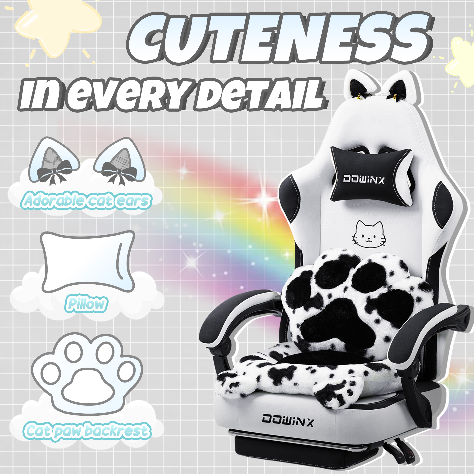 GOOSEA Cute Cat Ear Gaming Chair with Paw Print Lumbar Support and Cushion, Ergonomic Computer Desk Chair with Footrest, Reclining PC Game Chair for Girls and Women, 300lbs, Black and White