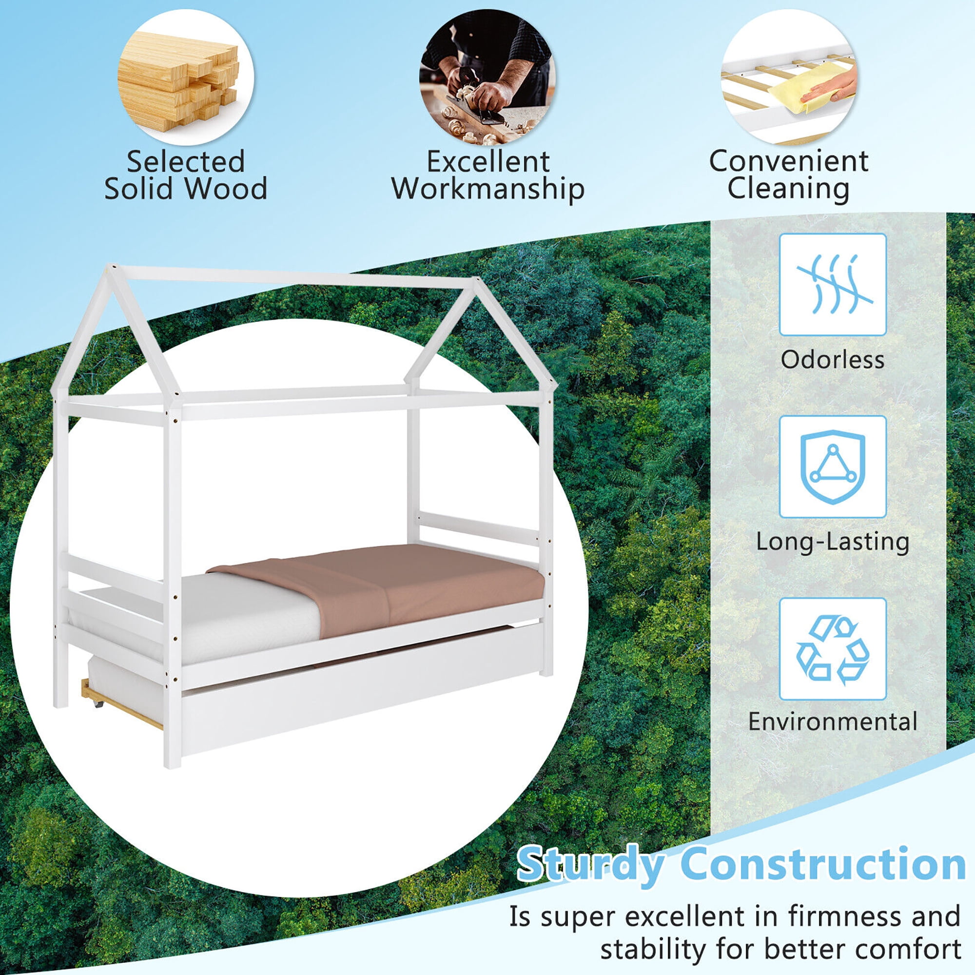 Gymax Twin House Bed Frame w/ Trundle Roof Wooden Platform Mattress Foundation White