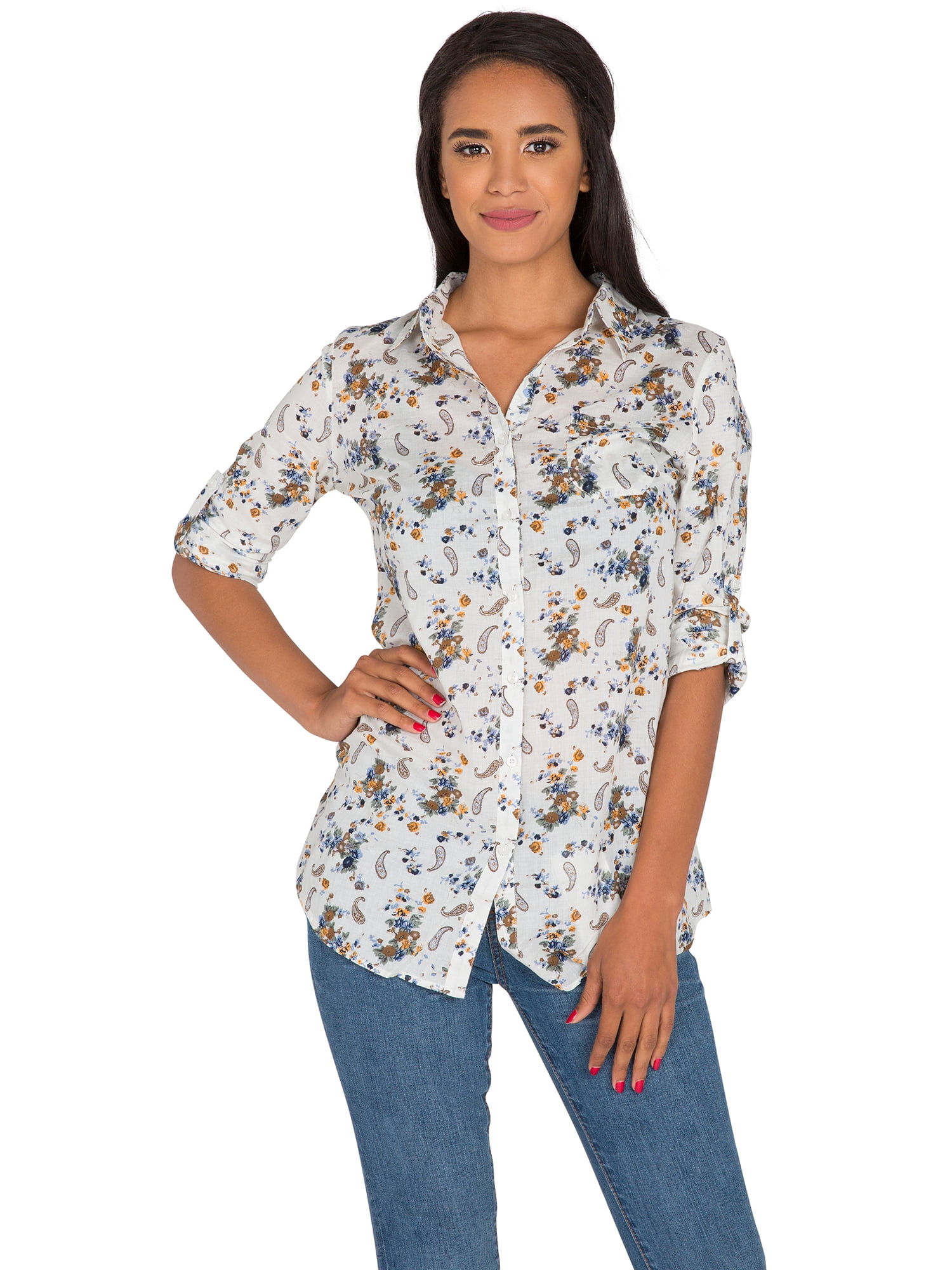 Standards & Practices S & P Junior Women's Printed Woven Long Sleeve