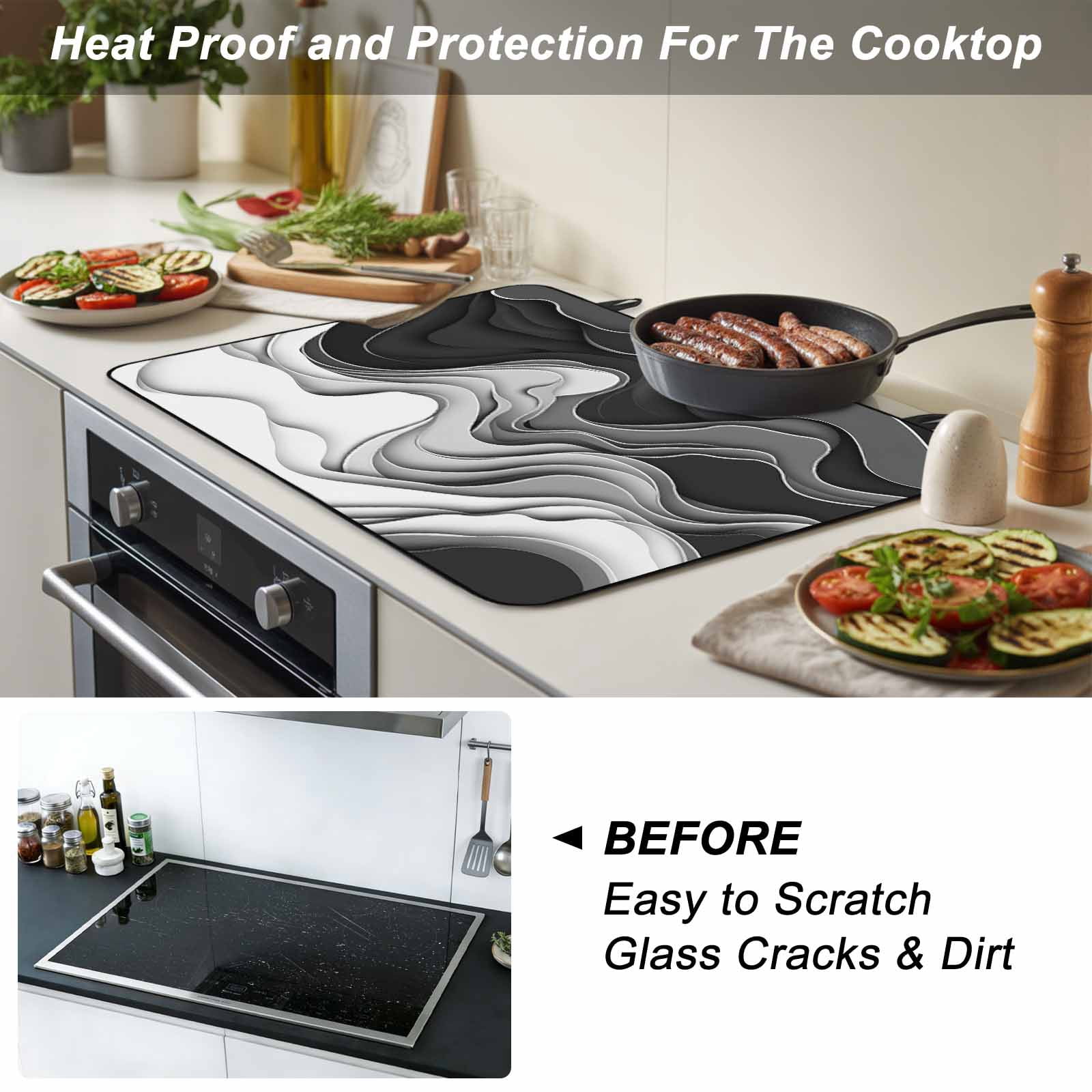 Black Grey Ombre Stove Top Cover for Electric Stove, Heat-proof & Non Slip Glass Top Stove Cover Protector, Abstract Modern Geometric Moire Art Kitchen Flat Cooktop Rubber Mat 31x24 Inches