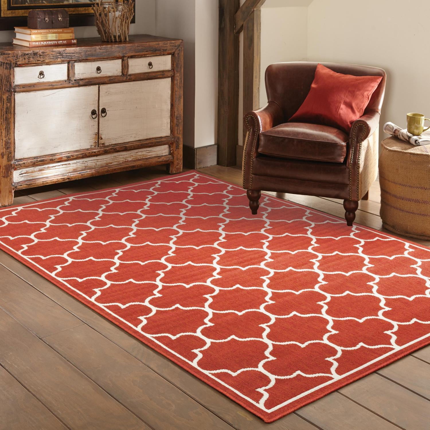 Oriental Weavers Meridian Indoor/Outdoor Rug - 1295R - 6'7" x 9'6" - in Red/ Ivory - Moroccan Style, Water, Stain and Fade Resistant, Hose Clean, Patio, Outdoor Living Area Rug