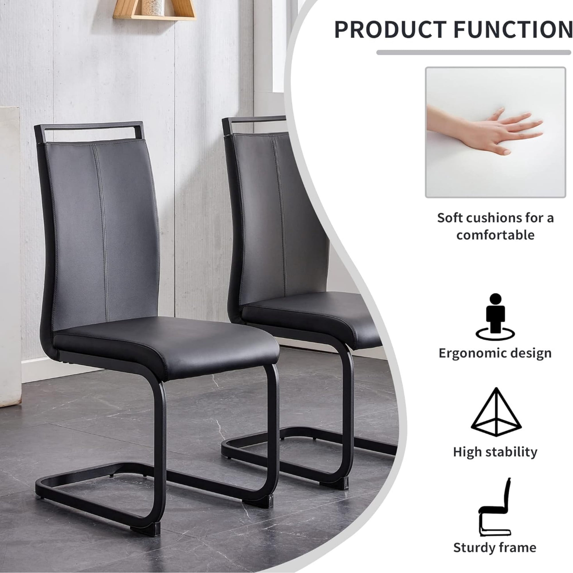 TesNus Modern Dining Set of 4, Side Chairs With Black Frame, Faux Leather Padded Seat High Back for Kitchen, Dining Room, Living Room - Black