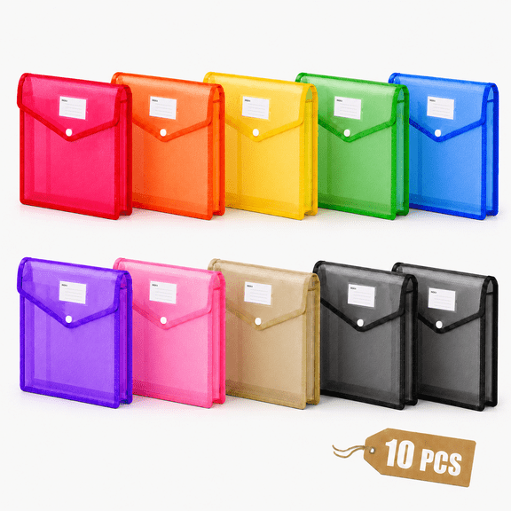 10 Pack Plastic Expanding File Folder, Larger Than A4 Accordion Organizer with Sturdy Snap Closure, Colorful Transparent Folders for Letter Size Paper