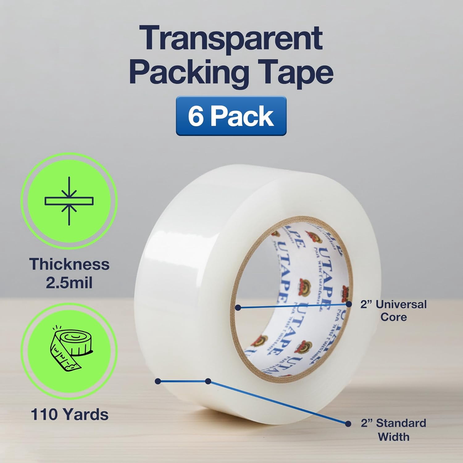 Transparent heavy duty packing tape, for moving boxes, 6-pack, each roll 2-inch 110-yard, tough transparent cardboard sealing tape, for packaging and mailing, total length 660 yards