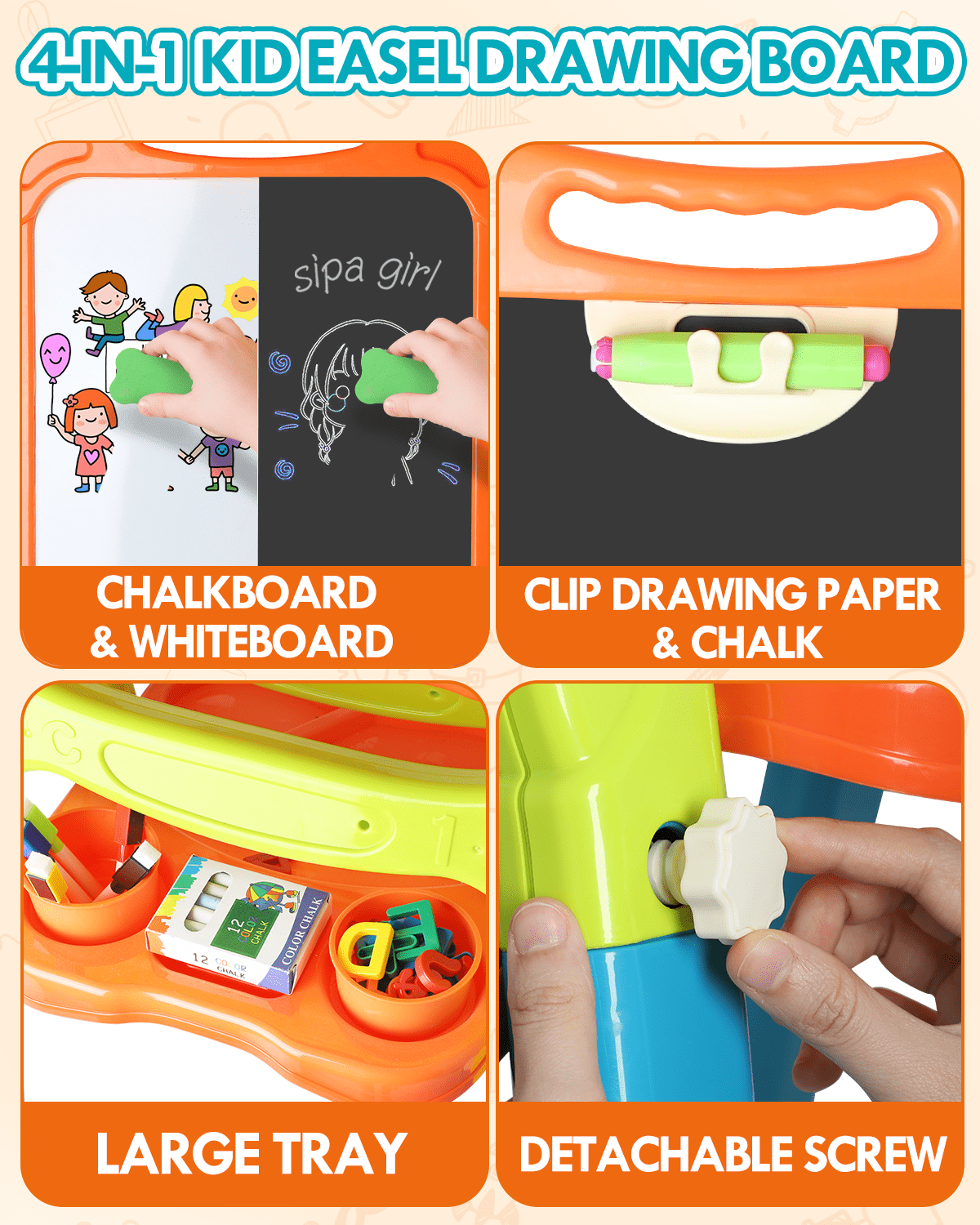 Easel for Kids, 4 in 1 Rotatable Double Sided Adjustable Standing Kids Art Easel Drawing Board White Board Chalkboard with Painting Accessories - Green