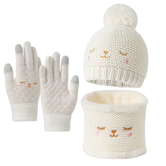lnmuld Solid 3 Piece Kids Embroidered Cat Face Pom Pom Knit Beanie Lined Neck Warmer Touch Screen Gloves Winter Warm Accessory Set for Toddlers Girls Boys White,3-8 Years