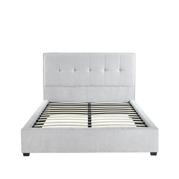 Ilios Innova | Base de Cama Matrimonial Tapizada en Tela Gris con Cabecera Capitoneada, Estructura de Madera y Somier de Tablillas Resistentes