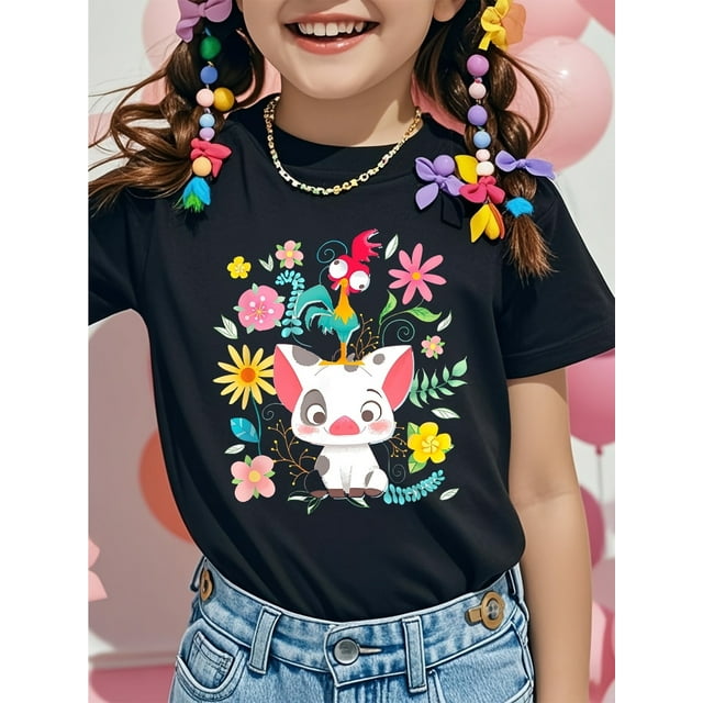 Moana 2 Maui & Pua Heihei T-Shirt Graphique Floral Tropical - T-Shirt à Manches Courtes Col Rond pour Filles, Haut Décontracté Lavable en Machine pour Jeux Extérieurs et Aventures à la Plage