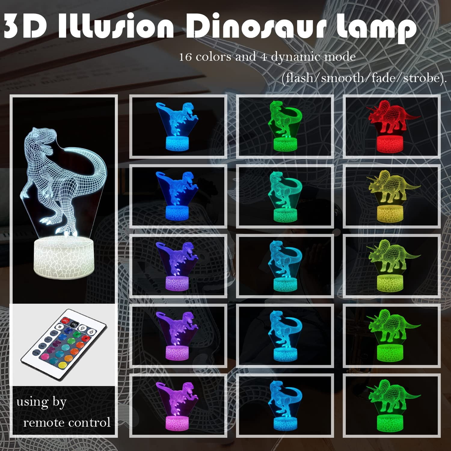 YSITIAN Dinosaur Night Light for Kids, 3 Patterns 16 Colors Dimmable LED 3D Illusion Lamp with Remote H1116-17