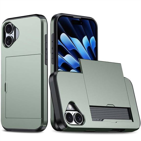 For iPhone 16 Case with ID Credit Card Holder, Dual Layer Shockproof Hidden Sliding Card Slot Wallet Anti-Scratch Hard Shell Rugged Back Cover Slim Phone Case,Mint
