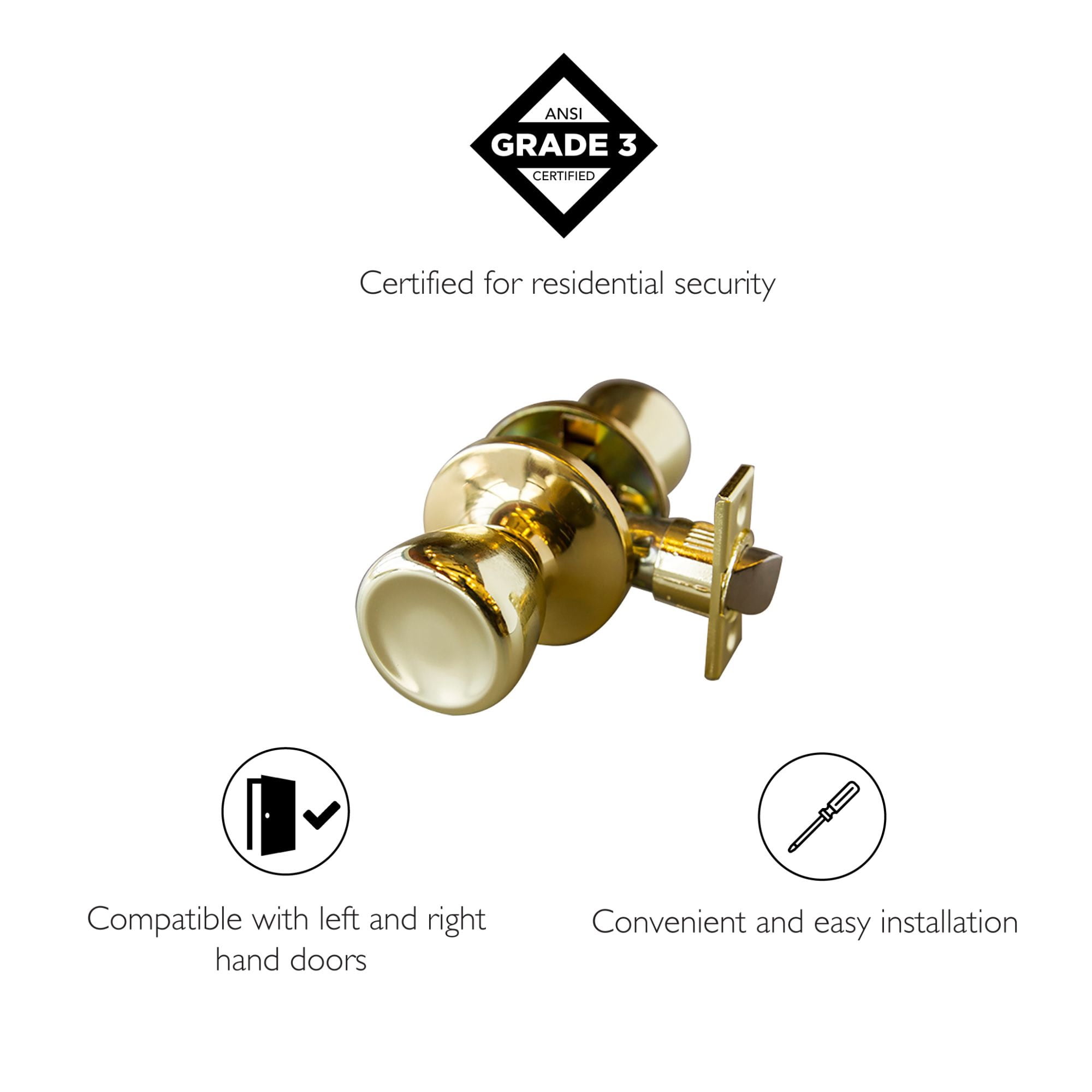 Polished Brass Passage Door Knob, Hall and Closet, 6-Way Universal Fit