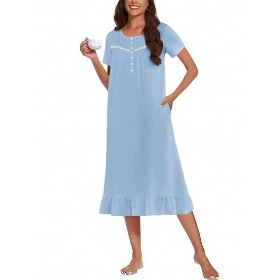 Ekouaer Cotton Nightgowns for Women Soft Long Button Night Gowns Comfy House Dresses with Pockets Short Sleeve Lounge Dress