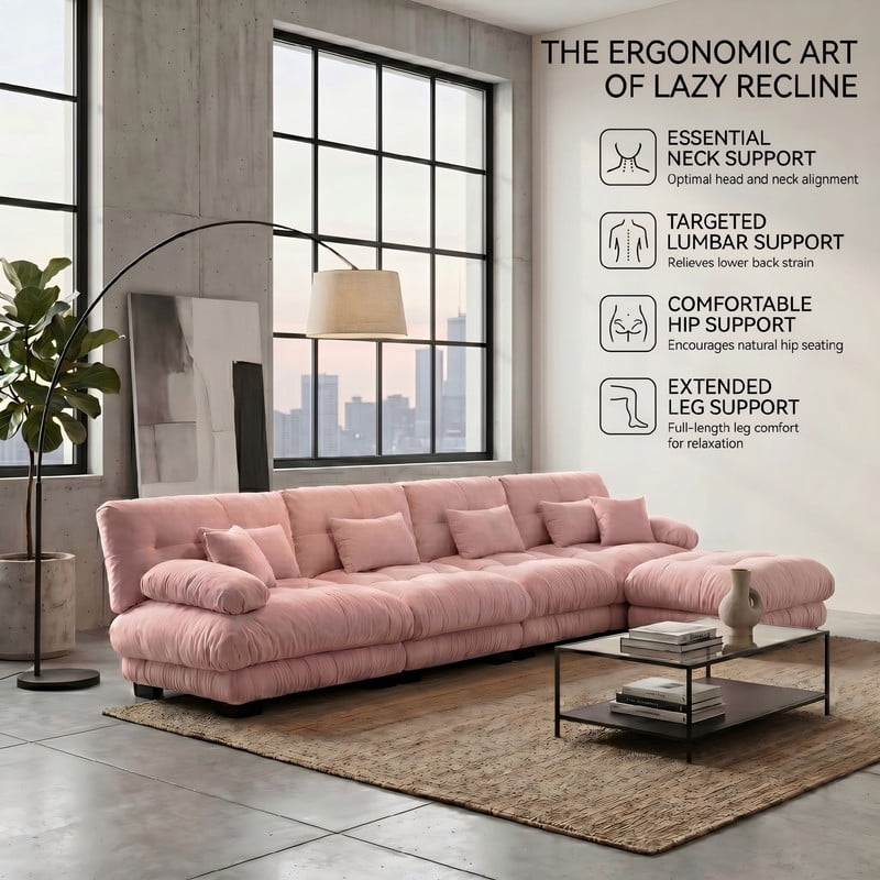 ANPPORT Cloud Couch Sleeper Sofa, Chenille Pink 4-Seater Modular Sofa with 1 Ottomans, 4 Lumbar pillows, 2 Pillows, Comfy Deep Seat Cloud Sofa, Convertible L-Shaped Floor Couch for Living Room