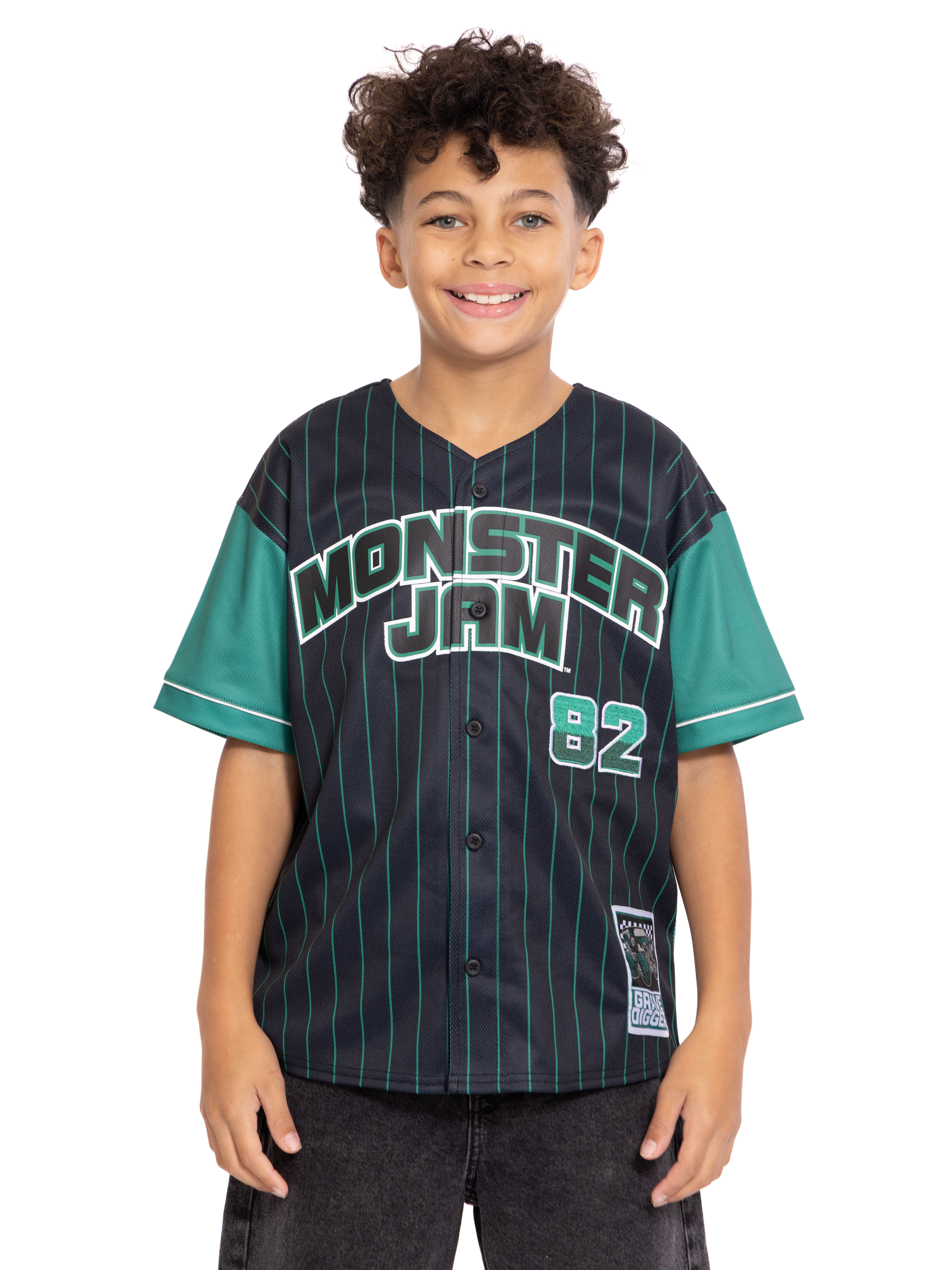 Monster Jam Boys Graphic Baseball Button Down Jersey with Short Sleeves, Sizes 4-12