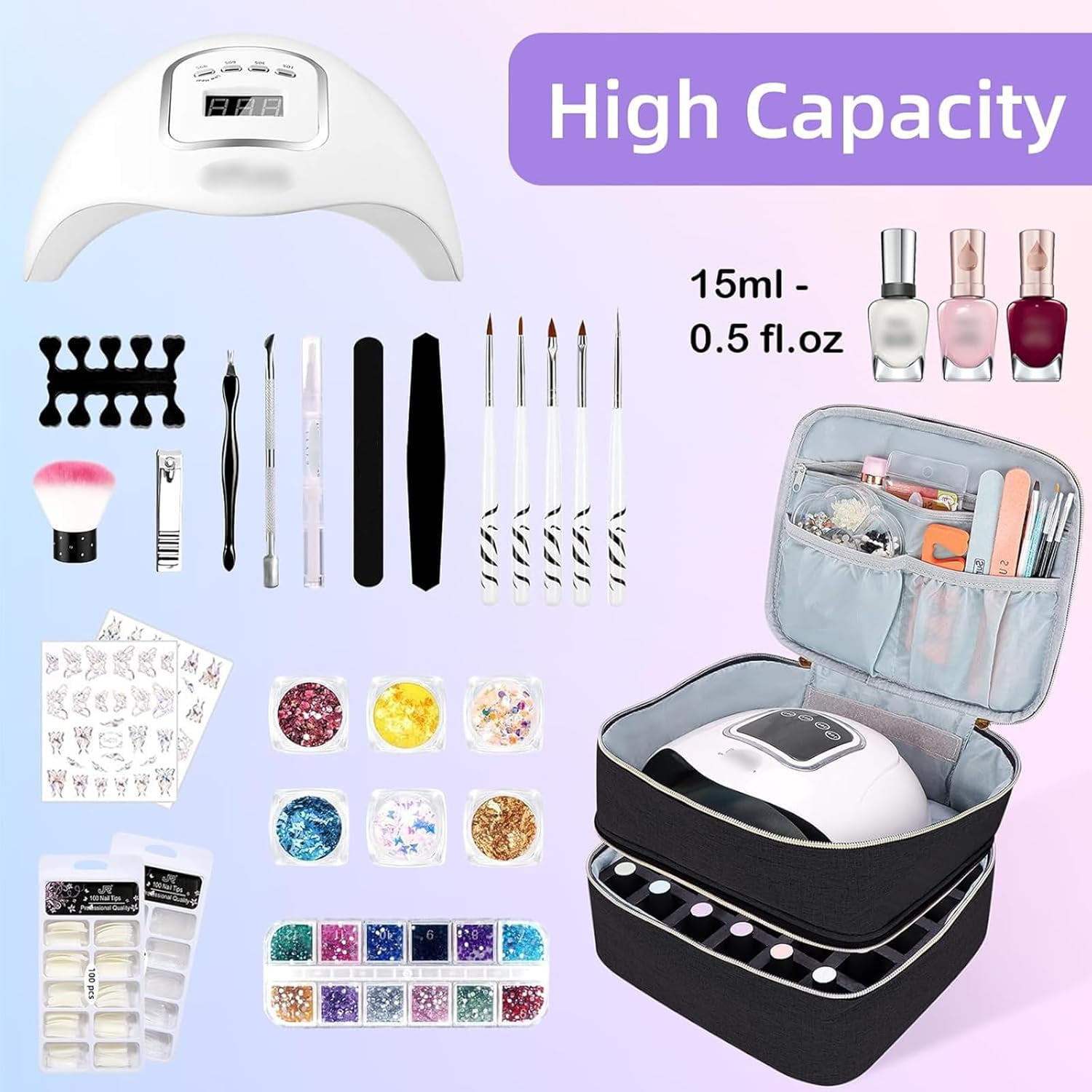 Nail Polish Organizer, Double-Layer Nail Polish Storage with Adjustable Dividers, Portable Nail Polish Bag for Nail Gel Nail Lamp and Manicure Tools Essential and Travel(Black)
