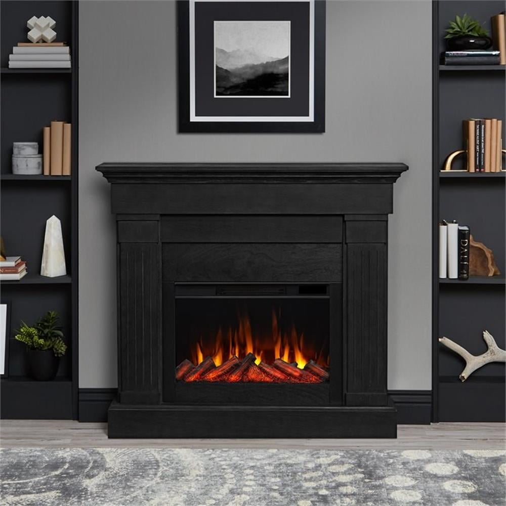 Bowery Hill Solid Wood Black Electric Fireplace Rectangular Adjustable Thermostat 47.5" Unassembled