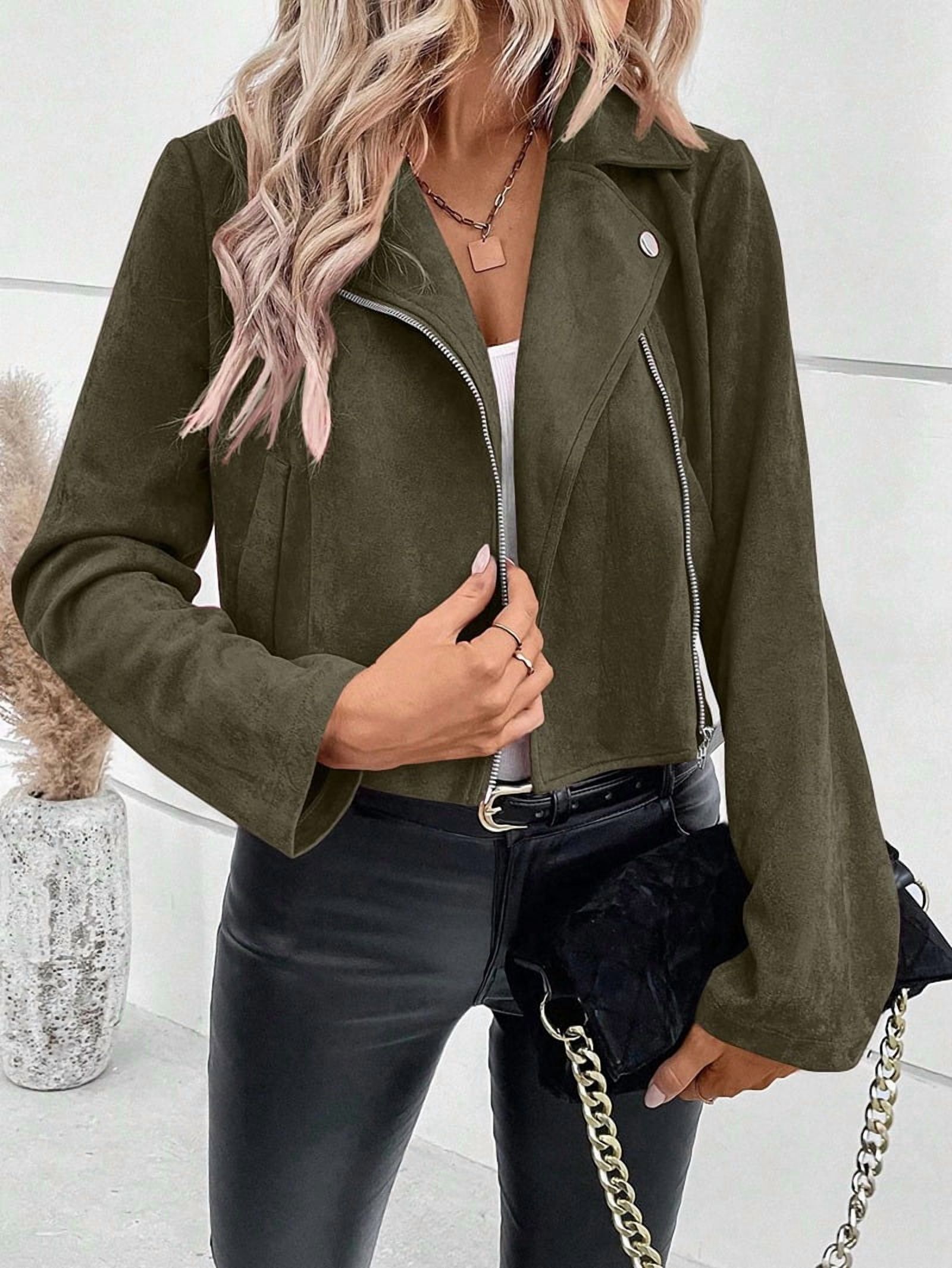 Women'S Cropped Zipper Long Sleeve Suede Faux Leather Blazer Jacket Autumn Fashion Outerwear Green M