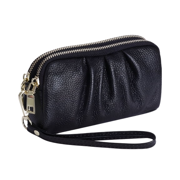 AOMRCOL Women's Wristlet Wallet Genuine Leather Double Zipper Casual Ruched Clutch Purse, Black