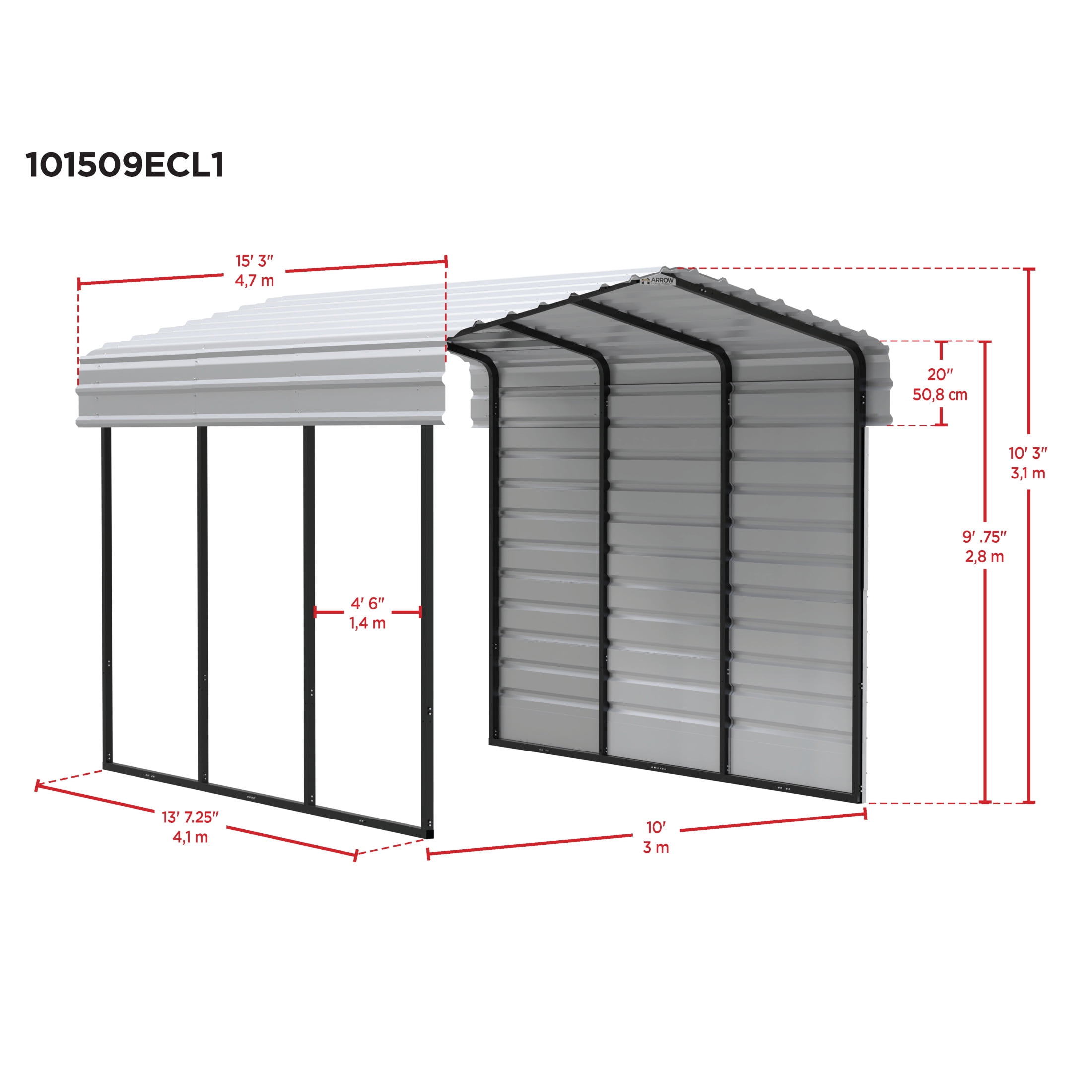 Arrow 10 x 15 x 9 ft Eggshell Carport With 1 Side Wall Kit