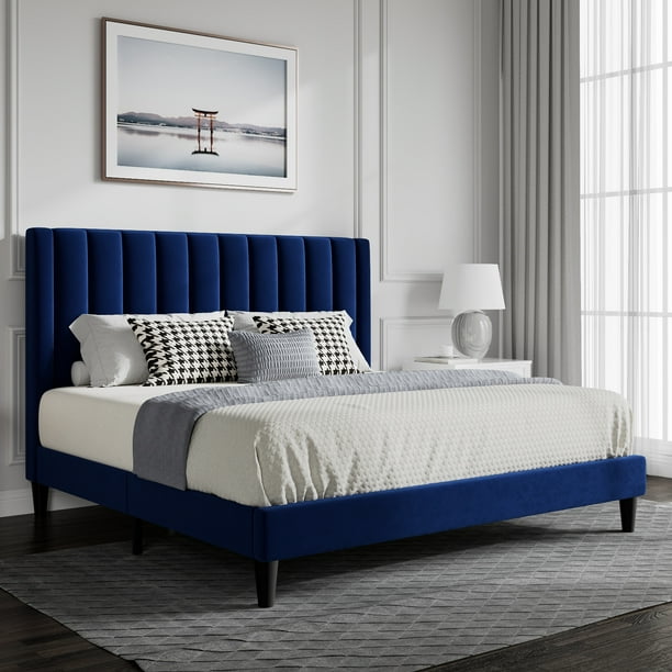 SHA CERLIN King Size Velvet Platform Bed Frame with Vertical Channel