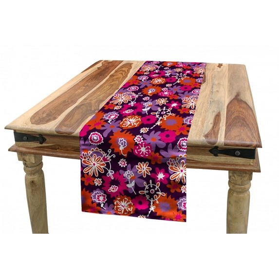 Floral Table Runner, Spring Flowers Retro Style Outlined with White Lines Illustration, Dining Room Kitchen Rectangular Runner, 3 Sizes, by Ambesonne