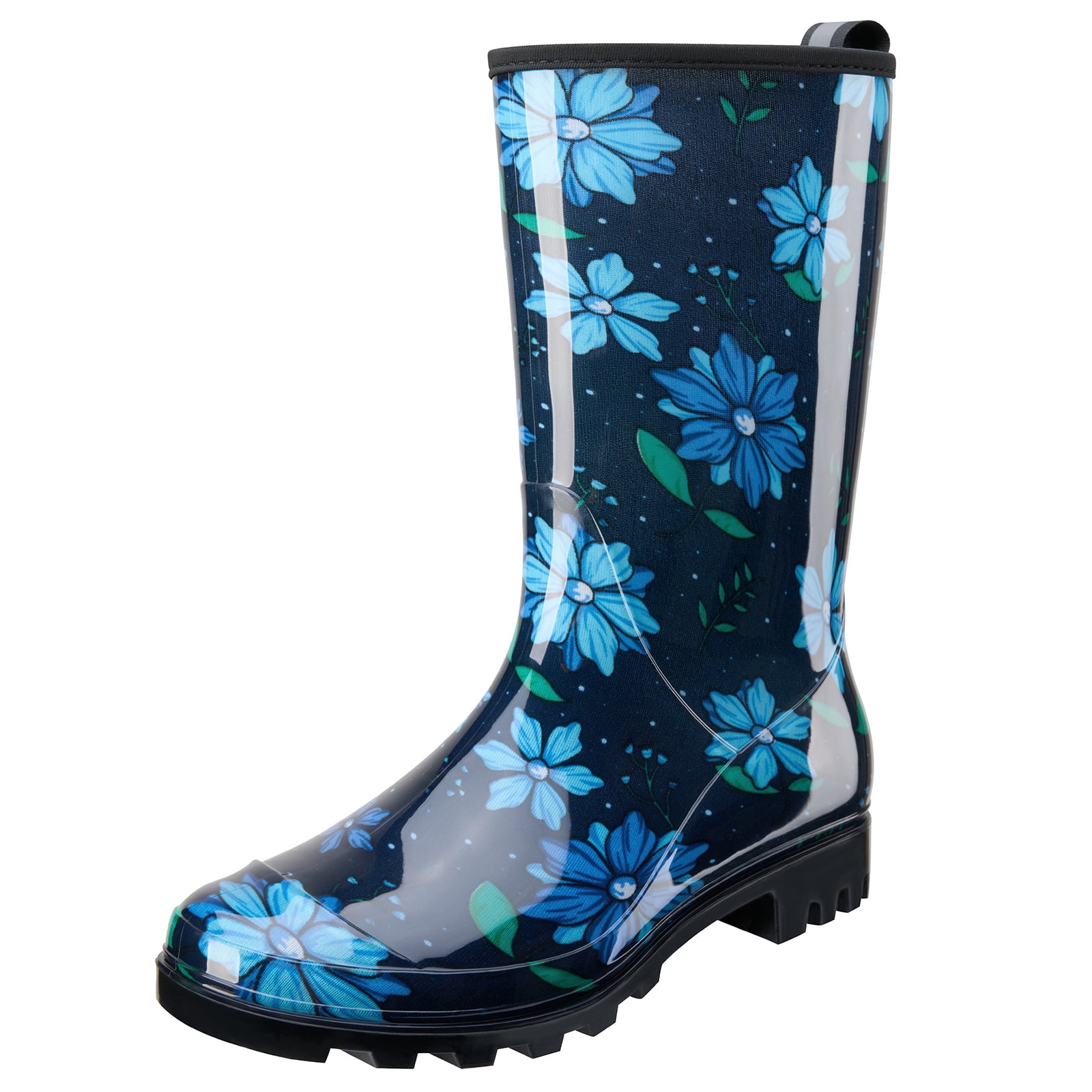 Womens Floral Mid Calf Rain Boots Ladys Pull on Skidproof Waterproof Booties 