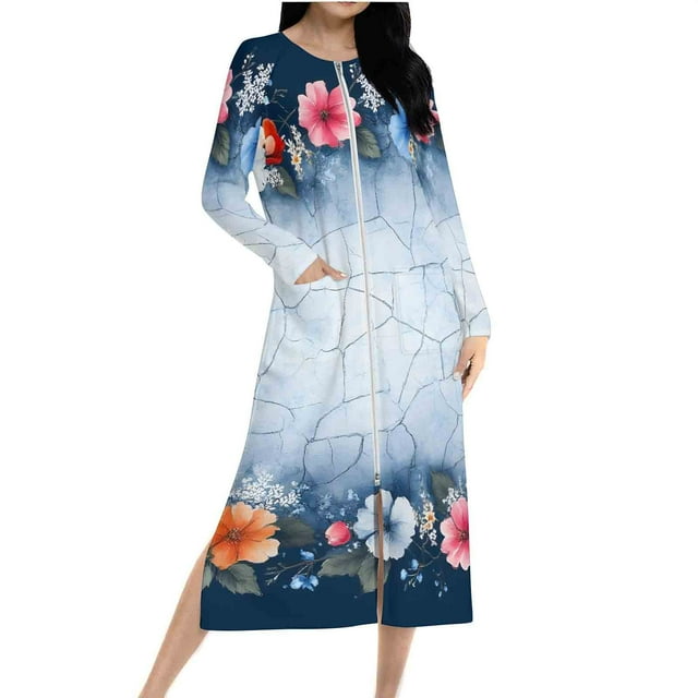 Ovingeta Robe de Pyjama pour Femmes Vêtements de Détente Amples Robe de Nuit à Fermeture Éclair Raglan Vêtements de Nuit Automne Hiver Vêtements de Maison Manches Longues PJs