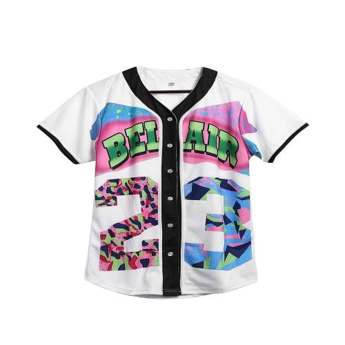 PEETITI Womens 90s Theme Hip Hop Bel Air Baseball Jersey Short  Sleeve Button Down Tunic Shirts for Party : Sports & Outdoors