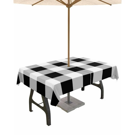 

Lsrtoss Outdoor Tablecloth with Umbrella Hole & Zipper Black White Plaid Rectangle Tablecloth 60x120 Inch Spring Farmhouse Buffalo Checkered Patio Table Cover Waterproof Table Cloth for Picnic