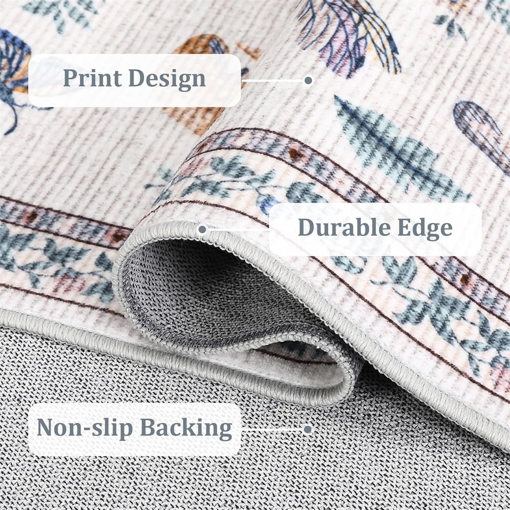 Washable Runner Rug Modern Insect Floral Print Area Rug Mushroom Carpet for Kitchen Stain Resistant Carpet with Non-Slip Backing Low Pile Floor Cover for Hallway Laundry Bedroom