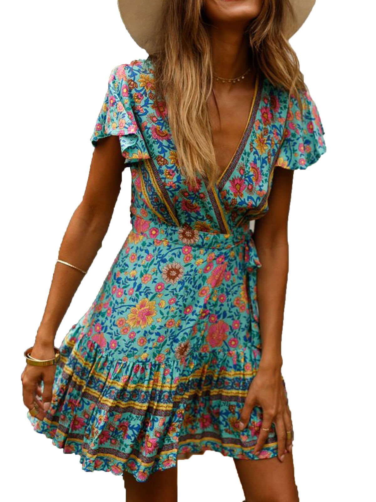 Ehpow Women V Neck Boho Floral Mini Dress Summer Short Sleeve Wrap Sash Beach Dress