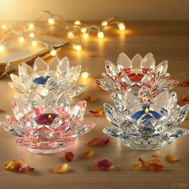 Centro de mesa de candelabro de cristal flor de flor para velas de té | Decoración elegante de cristal transparente azul rosa roja | Mesa de la fiesta nupcial en casa | 11,5x5cm | 1pc
