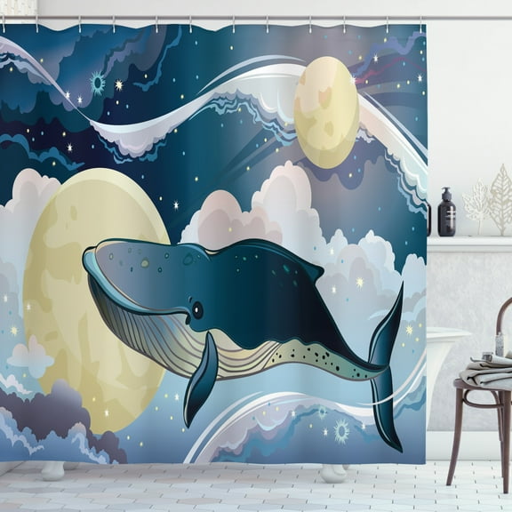 Ambesonne Cartoon Shower Curtain, Night Clouds Bohemian Fish, 69"Wx70"L, Night Blue White