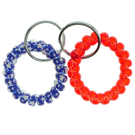 - Two Piece Coil Bracelet Keychain Set Red & Blue with Stars