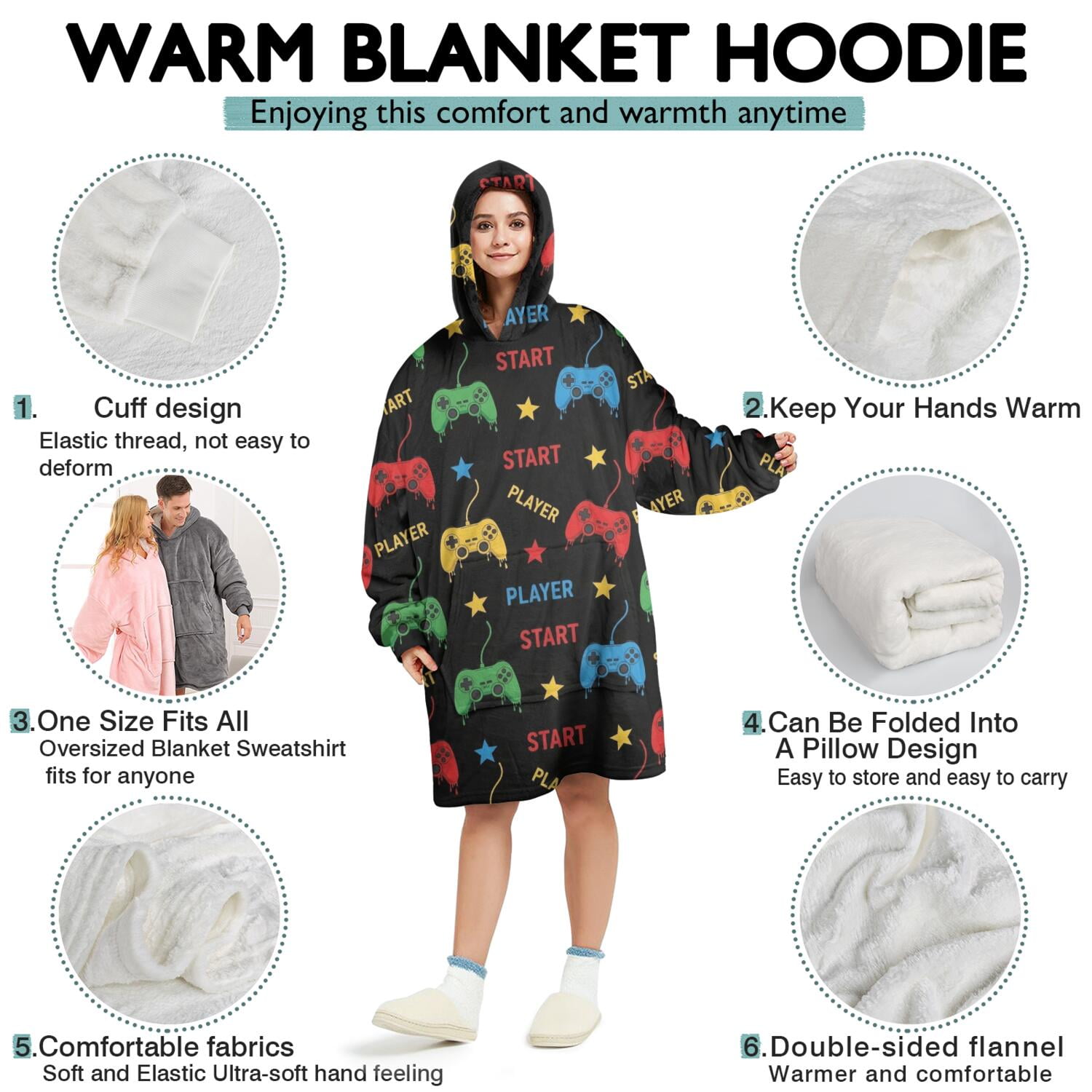 Wearable Oversized Blanket,Multicolor Controllers Games Icons Black Pattern Wearable Blanket Hoodie for Adults,Cozy Hooded Blankets with Super Pockets,Super Warm Fuzzy Pullover for Women & Men