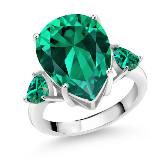 Gem Stone King 9.19 Cttw Pear Shape Green Nano Emerald 3-Stone Ring for Women | 925 Sterling Silver | Three Stone Wedding Anniversary Promise Ring for Women (Size 9)