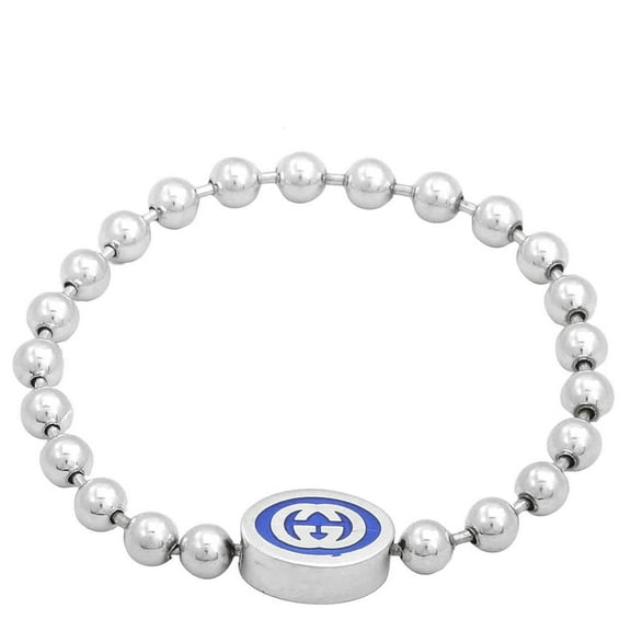 Gucci Interlocking G Boule Chain Sterling Silver Blue Enamel Bracelet, Size 16 - Yba753437001