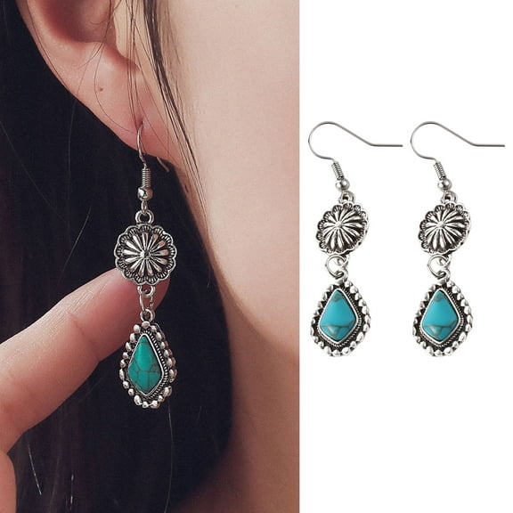 Eosunjian 1 Pair Women Hanging Earrings Retro Anti-allergy Bohemian Style Flower Stone Shape Electroplated Faux Turquoise Ear Jewelry Prom Party Long Hook Earrings Blue